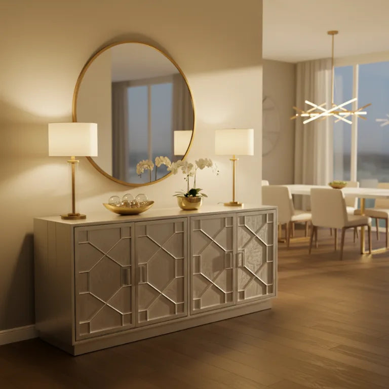 Handcrafted German Silver Buffet Table placed in modern dining room with lamps, round wall mirror and decor items