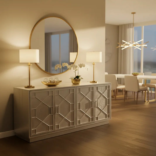 Handcrafted German Silver Buffet Table placed in modern dining room with lamps, round wall mirror and decor items