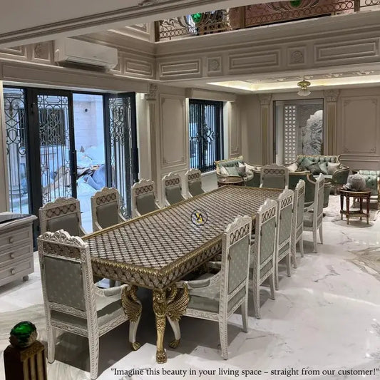 Handcrafted Maharaja’s Mother of Pearl Dining Table with 12 Chairs in luxury home interior – front view