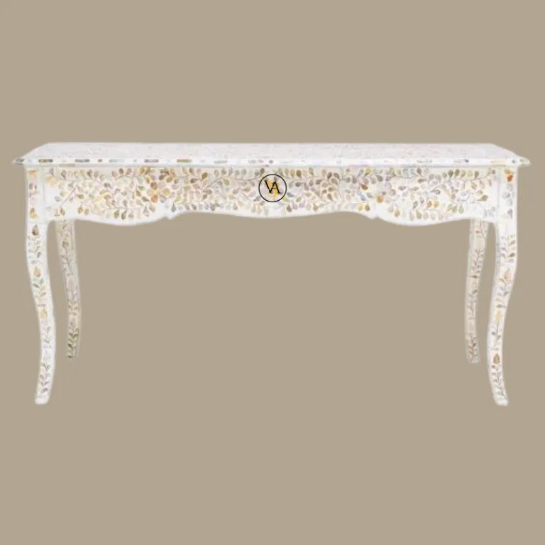 Decorative mother of pearl inlay console table with floral patterns on a beige background