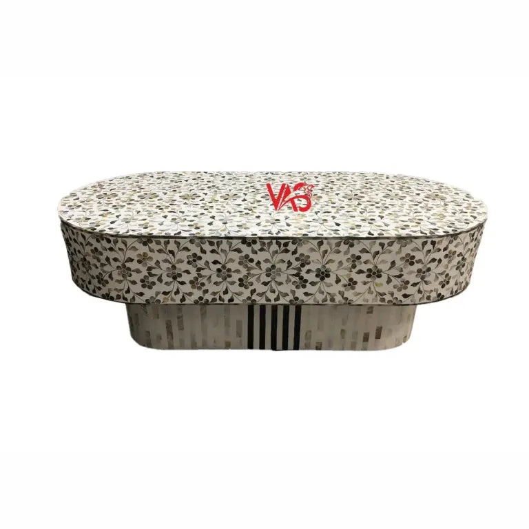 Handcrafted Mother of Pearl Coffee Table – Pale Gray Floral Pattern