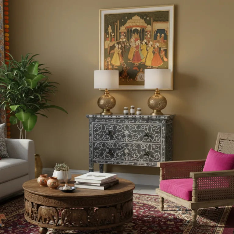 Handcrafted Mother of Pearl Gray Chest of Drawers in Lotus Design, Placed in Indian style living room with ornate coffee table, armchair with pink cushion, and decorative wall art.
