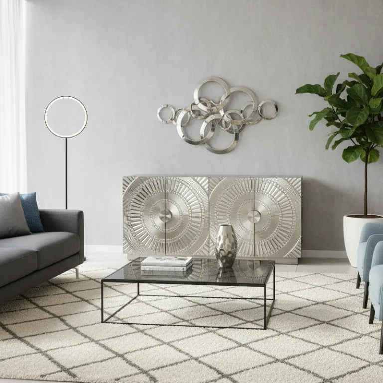Handcrafted White Metal Sideboard placed in modern living room with sofa, coffee table and plant 