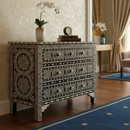 Decorative black and white Handmade Bone Inlay Black Chest of 3 Drawers in a luxury  room with a blue rug and floral decor.