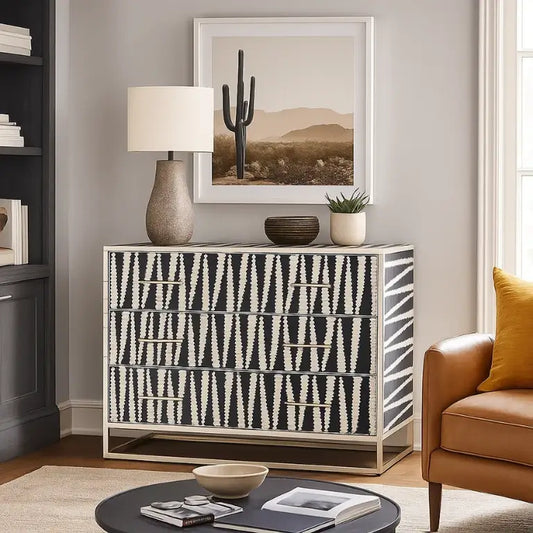 Decorative bone inlay chest of drawers with geometric pattern in a furnished living room setting.