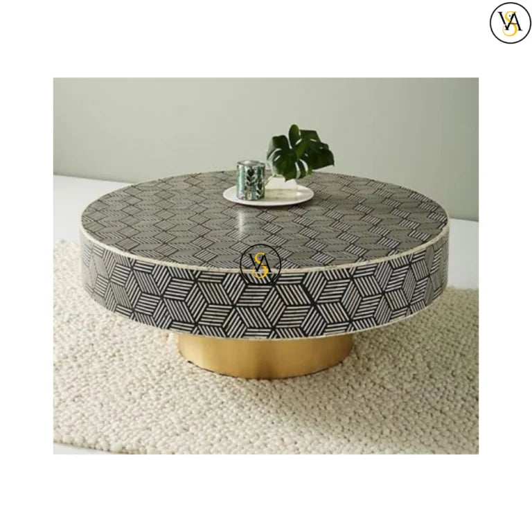 Handmade Bone Inlay Coffee Table – Black Color Round Coffee Table with cube pattern