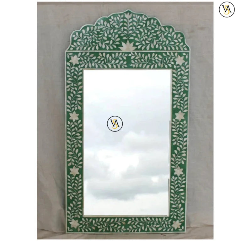Green Handmade Bone Inlay Mirror with Floral Inlay Pattern – Handcrafted Luxury