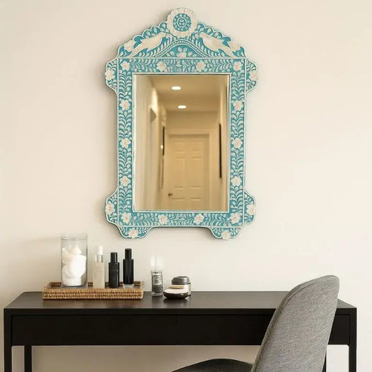 Handmade Bone Inlay Mirror with Parrot Motif on Wall
