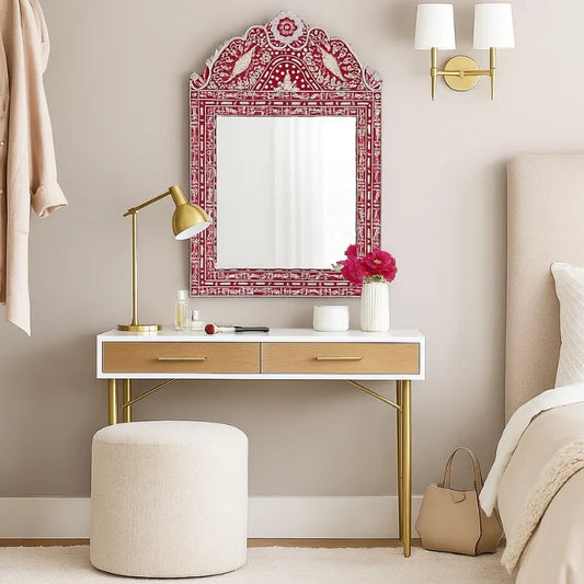 Handmade Bone Inlay Pink Mirror – Parrot Design in modern dressing room