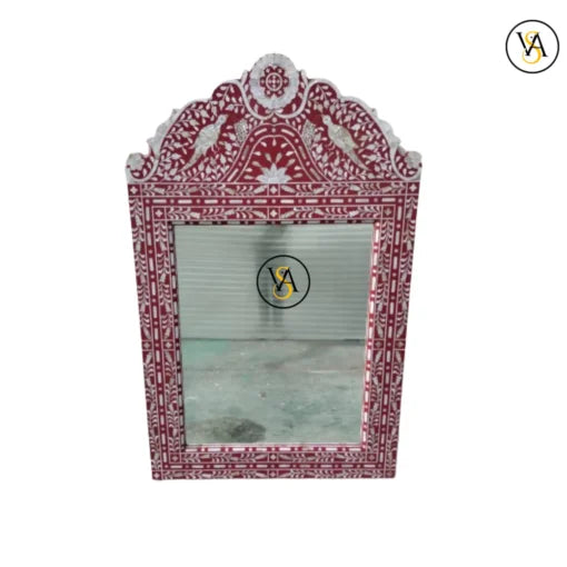Handmade Bone Inlay Pink Mirror – Parrot Design front view