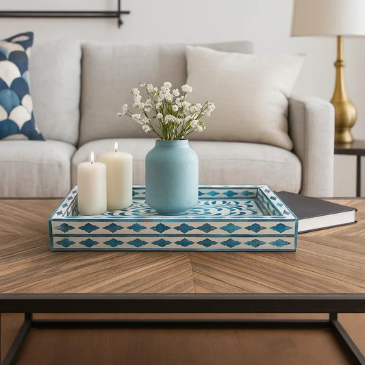 Handmade Bone Inlay Serving Tray in blue floral design on coffee table