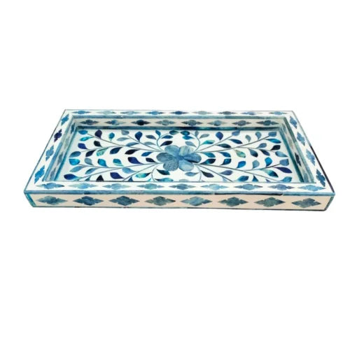 Rectangular Coffee Table Tray with blue floral bone inlay pattern