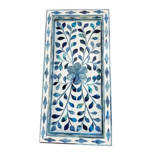 Blue Handmade Bone Inlay Serving Tray with rectangular shape