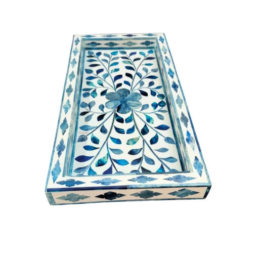 Floral design Coffee Table Tray in blue bone inlay handcrafted style