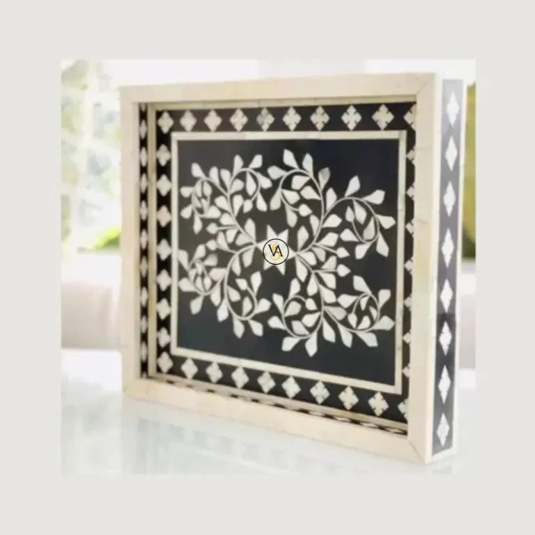 Handmade Bone Inlay Black Square Tray – Side View on a light background