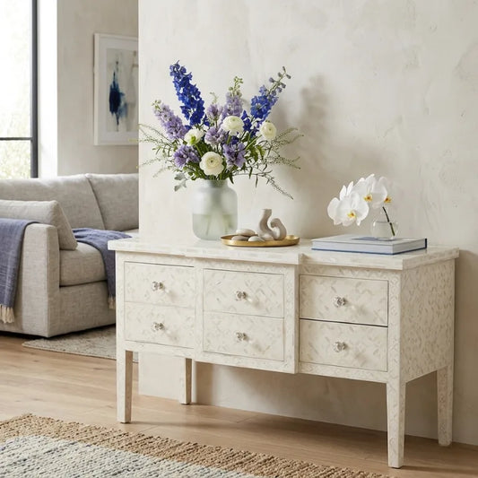 Handmade Bone Inlay White 6 Drawer Console with geometric pattern placed in a luxury living room interior
