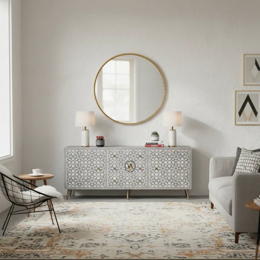 Living room with a decorative sideboard table, round mirror, and armchair.