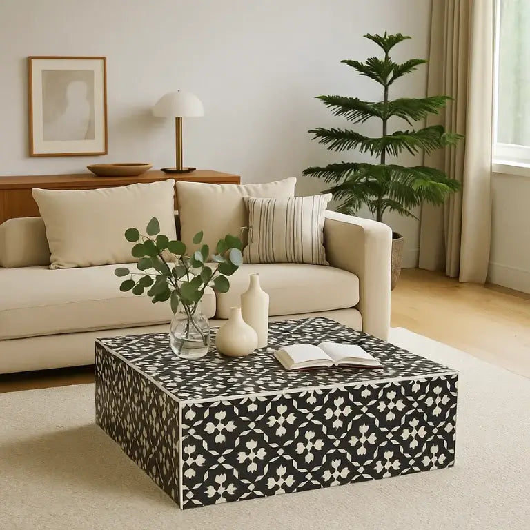 Handmade Mother of Pearl Black Coffee Table in Lily Design – Living Room View