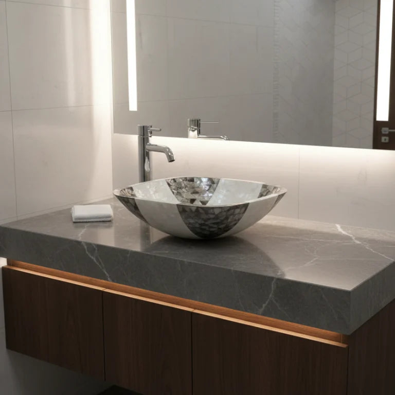 Handmade Mother of Pearl Black & White Plus Design Wash Basin on bathroom vanity