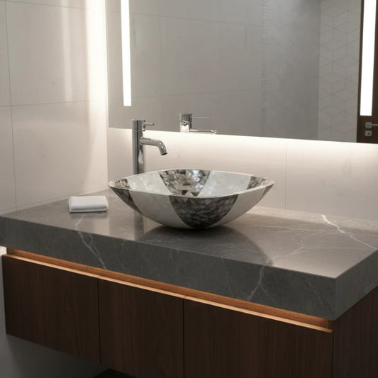 Handmade Mother of Pearl Black & White Plus Design Wash Basin on bathroom vanity