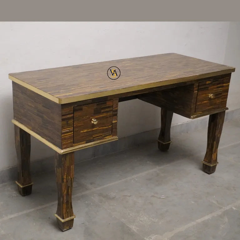 Mother of pearl console table with a logo on the top, placed against a plain wall.