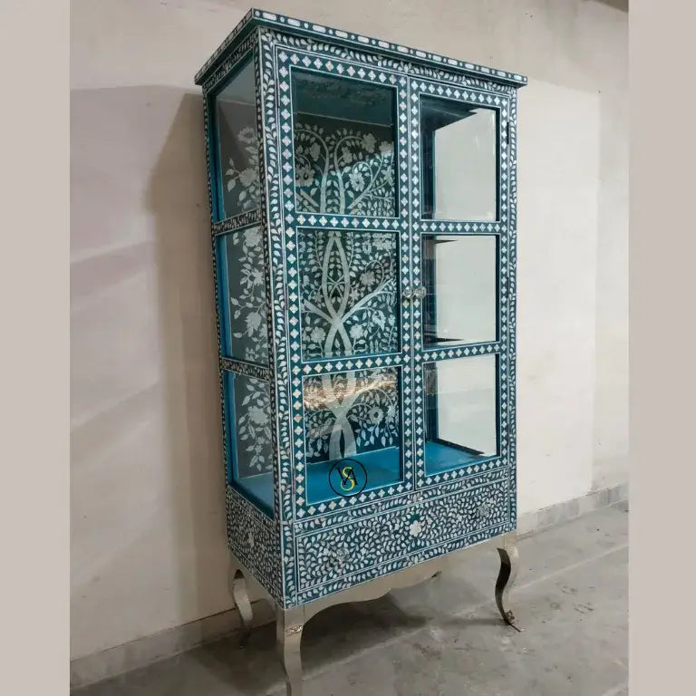 Blue Handmade Mother of Pearl Wine Cabinet with floral inlay and glass doors – angled view