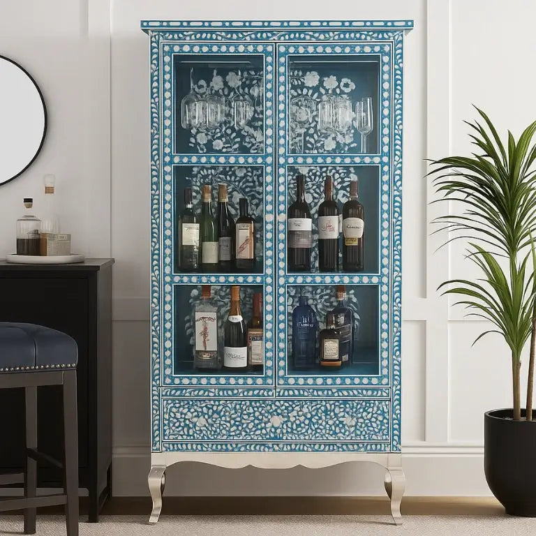 Blue Handmade Mother of Pearl Wine Cabinet used as Home Bar Cabinet