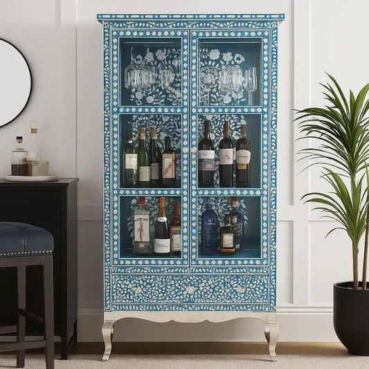 Blue Handmade Mother of Pearl Wine Cabinet used as Home Bar Cabinet