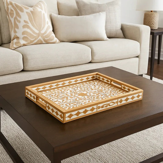 Handmade Wooden Decorative Tray on coffee table – floral design wood inlay tray