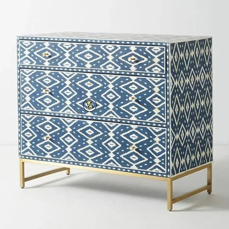 Ikat Bone Inlay 3 Drawers Dresser in Indigo Blue with brass base
