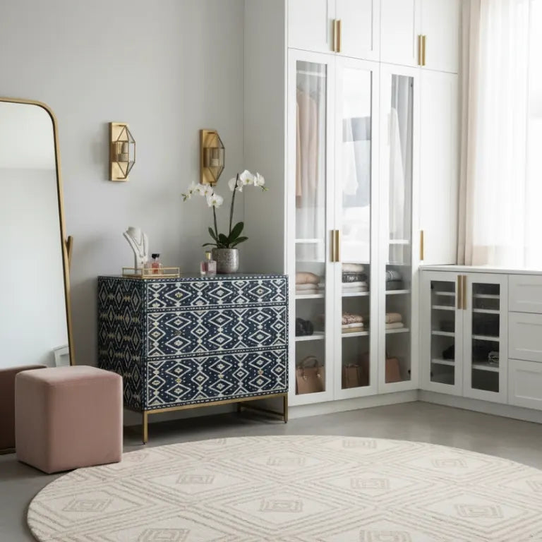 Indigo Blue Chest Dresser styled in Modern dressing room abstract art, and decorative items.