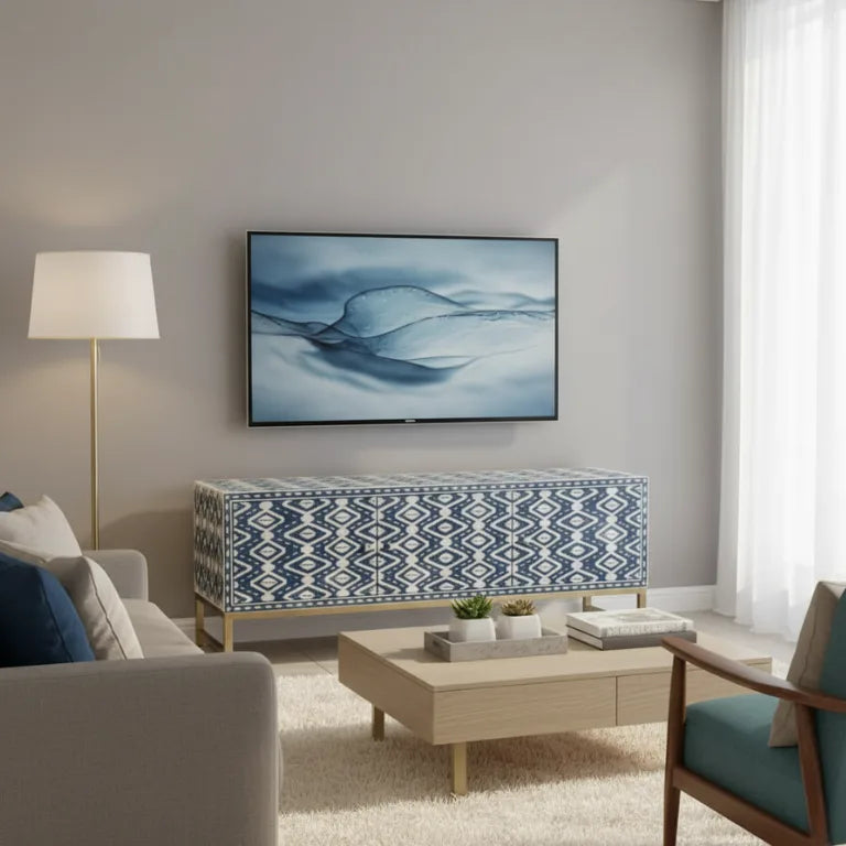 Ikat Bone Inlay Media Console in Navy Blue Living room with a TV mounted on the wall, wooden coffee table, and a sofa.