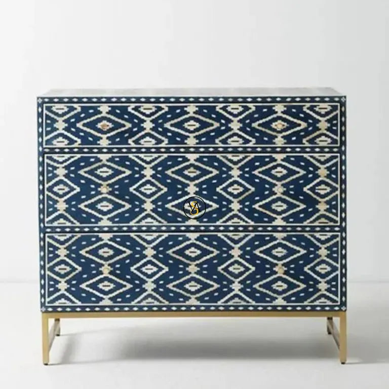 Ikat Bone Inlay Dresser Table with metal stand and brass knobs
