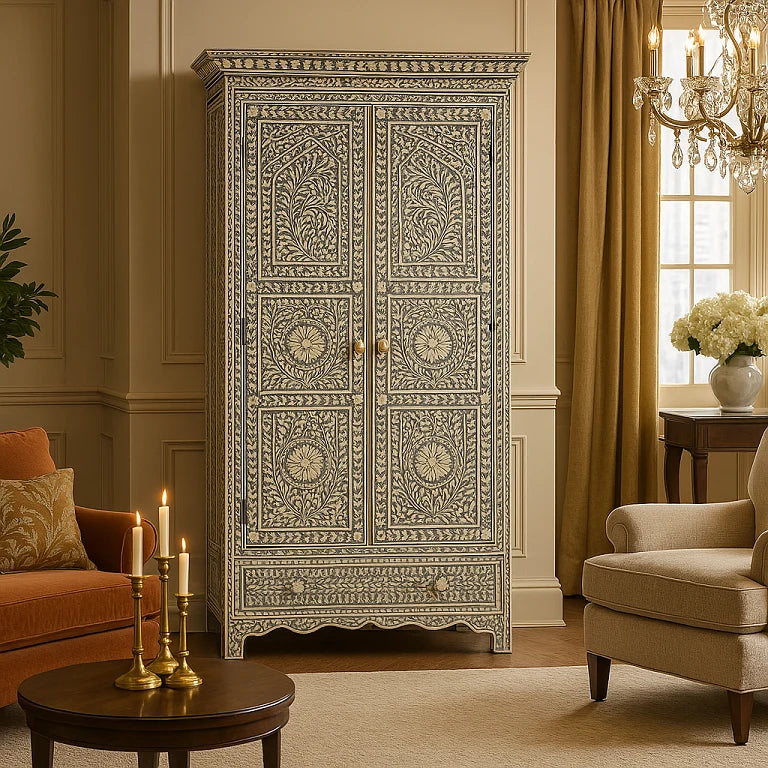 Jharokha Design Bone Inlay Floral Almirah Grey | Handmade Bone Inlay Cupboard