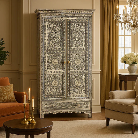 Jharokha Design Bone Inlay Floral Almirah Grey | Handmade Bone Inlay Cupboard