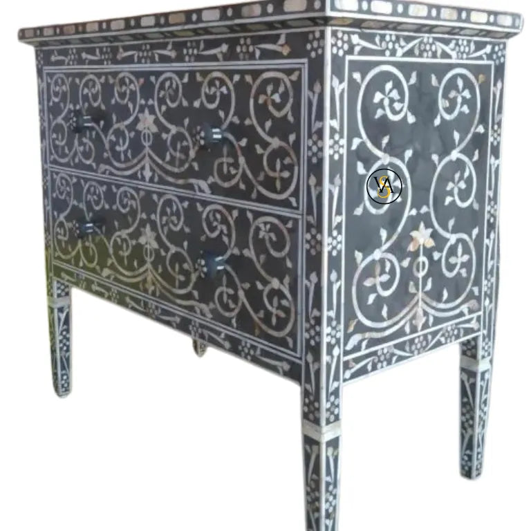 Side view of Gray Mother of Pearl Chest of Drawers with unique floral inlay