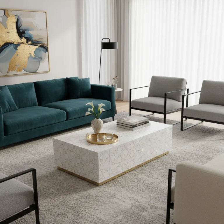 Luxurious Mother of Pearl White Coffee Table in living room – Star Pattern With Brass Base