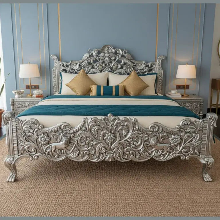 Luxurious White Metal King Size Bed with Side Tables with blue and white bedding in a bedroom setting.