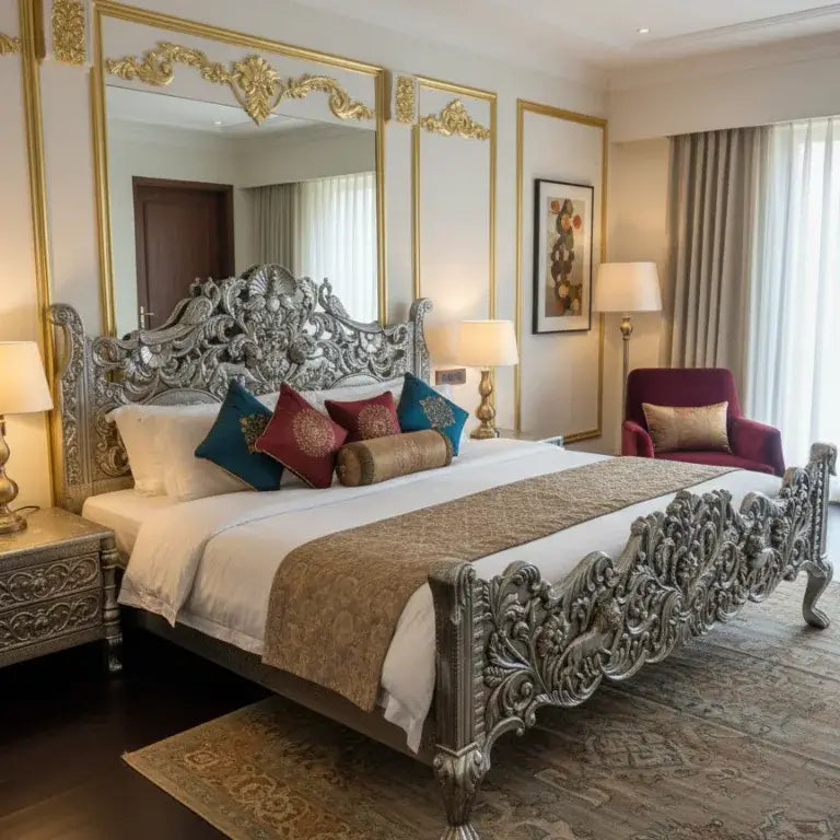 Luxurious bedroom with Handcrafted White Metal King Size Carving Bed with Matching Side Tables and decorative pillows