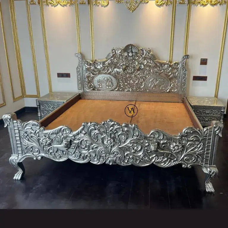 Luxurious White Metal King Size Bed with Side Tables – Elegant Carving Design