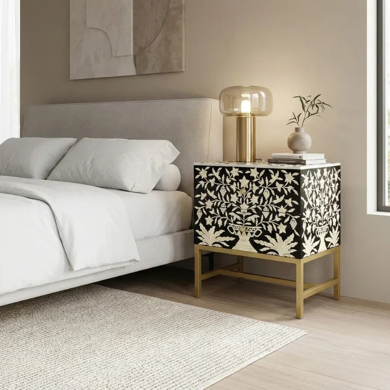 Luxury Bone Inlay 2 Drawers Nightstand for Bedroom