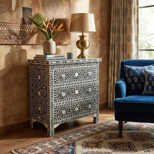 Luxury Bone Inlay Black Cabinet in living room with a blue sofa and patterned rug.