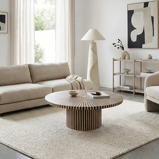 Modern living room with a bone inlay round coffee table, beige sofa, and abstract art on the wall.