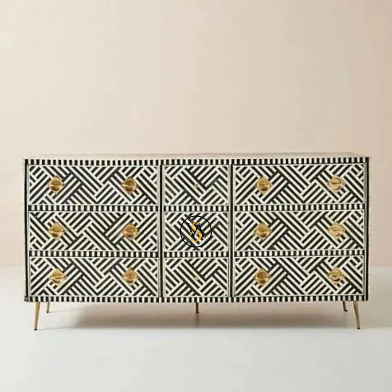 Luxury Bone Inlay Sideboard Buffet Cabinet with 9 Drawers Black & White