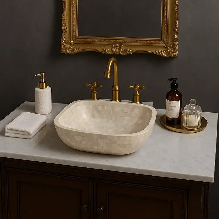 Bathroom vanity with beige sink, gold fixtures, and decorative mirror.