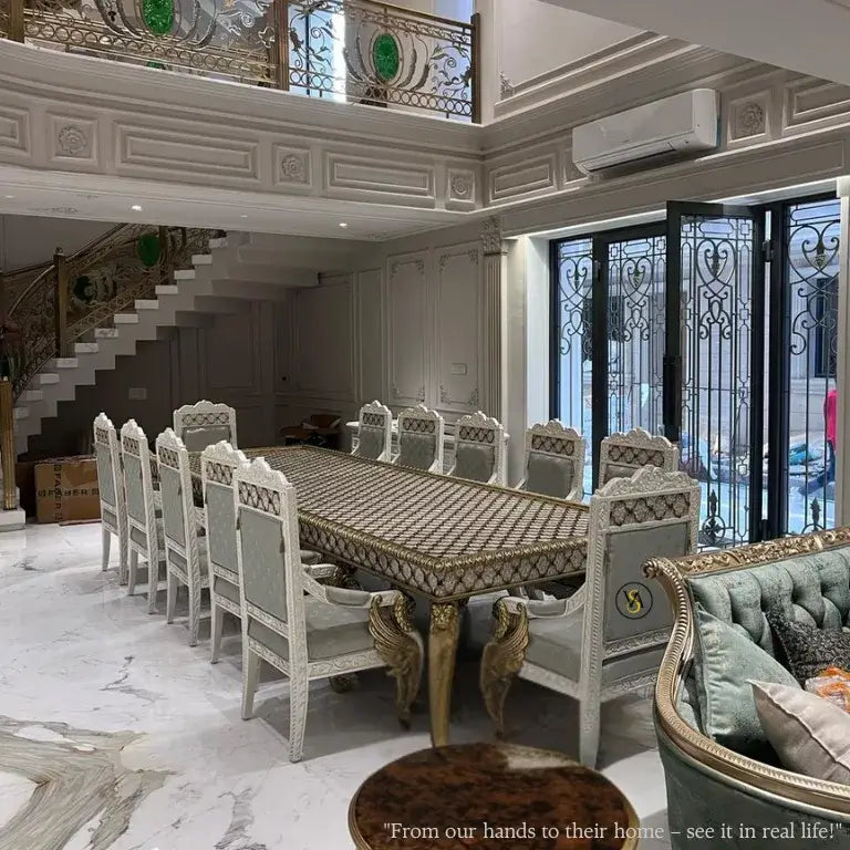 Luxury Mother of Pearl Inlay Dining Set with golden carved legs and upholstered chairs – side view in contemporary mansion