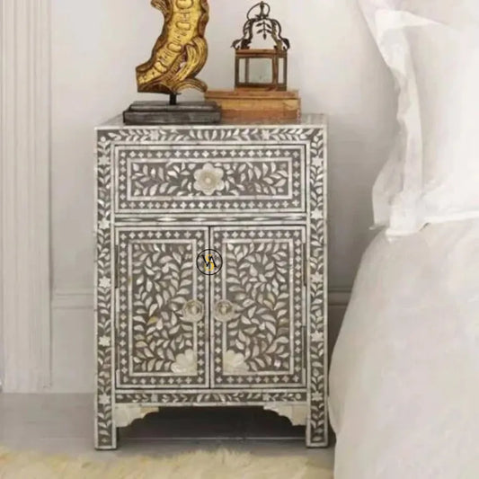 Luxury Mother of Pearl Inlay Bedside Table beside a white bed in a serene bedroom setup