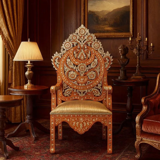 Luxury royal throne chair in palace-style setting – side angle with a lamp and painting.