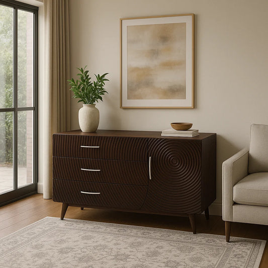 Mango Wood Sideboard with 3 Drawers & 1 Door in Walnut Polish – Front View