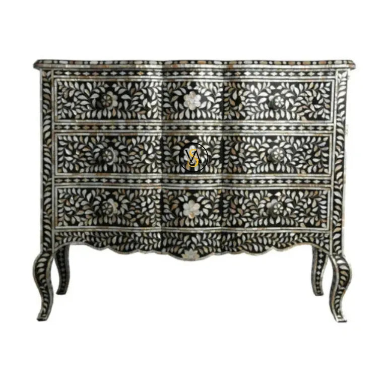 Mother of Pearl 3 Drawer Black Chest of Drawers with Floral Inlay Design